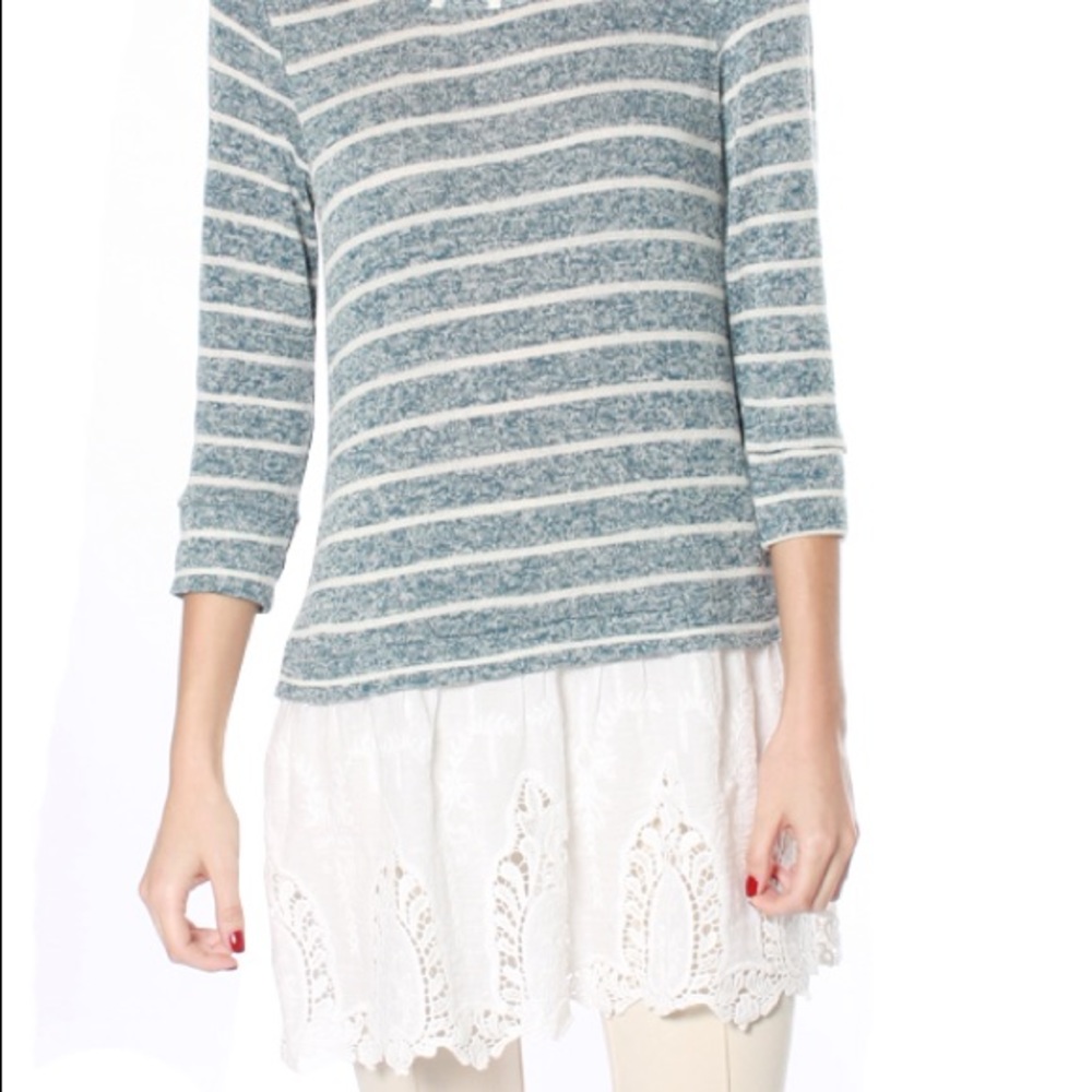 A’Reve Mixed Media Long Sweater with Lace Hem